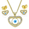 Oro Laminado Earring and Pendant Adult Set, Gold Filled Style Evil Eye and Heart Design, with White Micro Pave, White Enamel Finish, Golden Finish, 10.156.0384