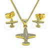 Oro Laminado Earring and Pendant Adult Set, Gold Filled Style with White Micro Pave, Polished, Golden Finish, 10.156.0446