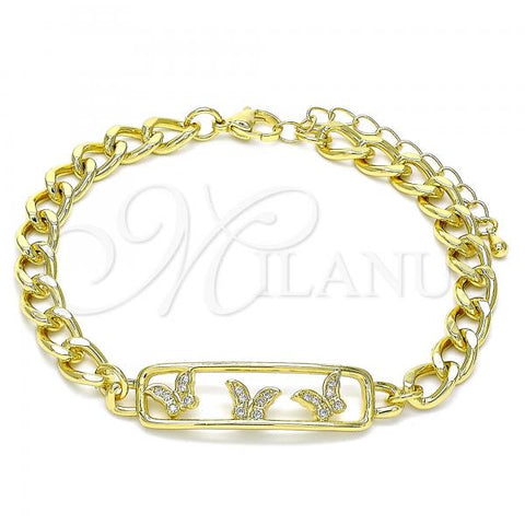 Oro Laminado Fancy Bracelet, Gold Filled Style Butterfly Design, with White Micro Pave, Polished, Golden Finish, 03.368.0064.08