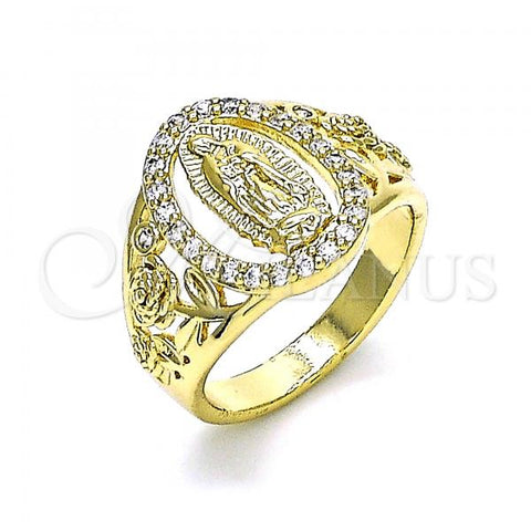 Oro Laminado Multi Stone Ring, Gold Filled Style Guadalupe and Flower Design, with White Cubic Zirconia, Polished, Golden Finish, 01.380.0025.07