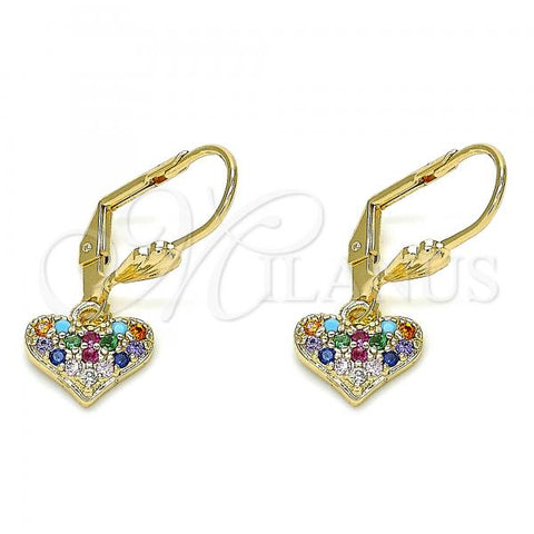 Oro Laminado Threader Earring, Gold Filled Style Heart Design, with Multicolor Micro Pave, Polished, Golden Finish, 02.210.0345.1
