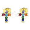 Oro Laminado Stud Earring, Gold Filled Style Cross Design, with Multicolor Cubic Zirconia, Polished, Golden Finish, 02.210.0444.1