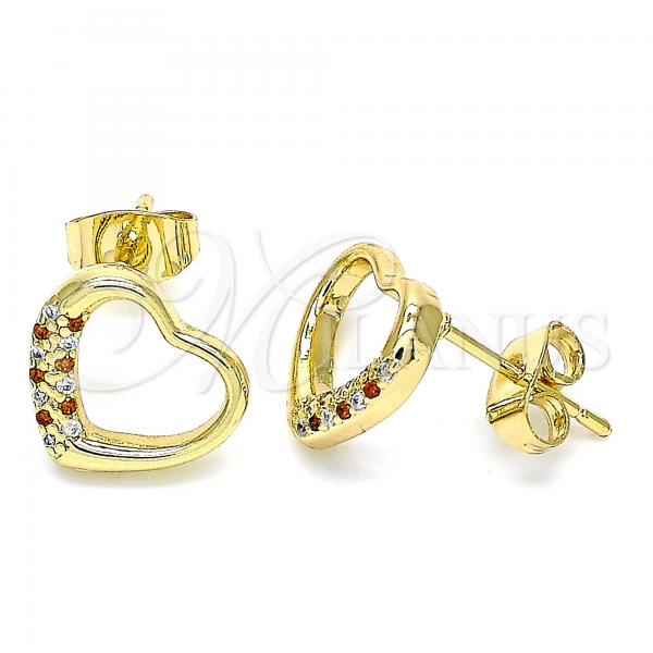 Oro Laminado Stud Earring, Gold Filled Style Heart Design, with Garnet and White Micro Pave, Polished, Golden Finish, 02.344.0052.1