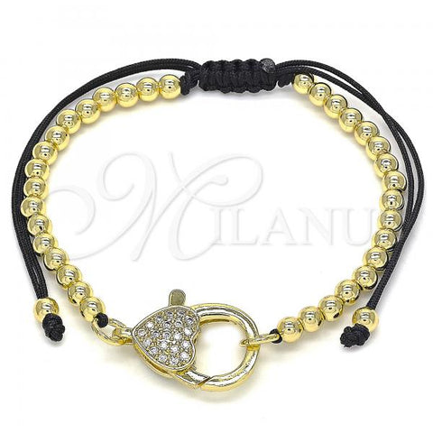 Oro Laminado Adjustable Bolo Bracelet, Gold Filled Style Heart and Ball Design, with White Micro Pave, Polished, Golden Finish, 03.341.0088.11