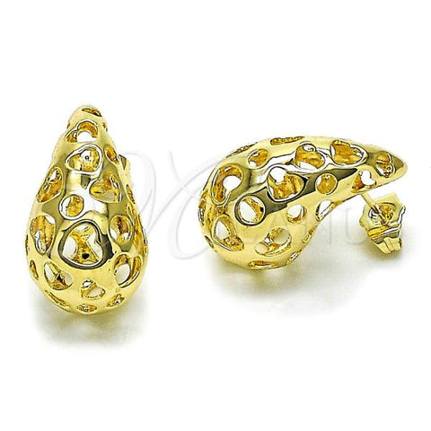 Oro Laminado Stud Earring, Gold Filled Style Teardrop and Heart Design, Polished, Golden Finish, 02.195.0331