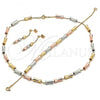 Oro Laminado Necklace, Bracelet and Earring, Gold Filled Style Box and Bamboo Design, Polished, Tricolor, 06.92.0009