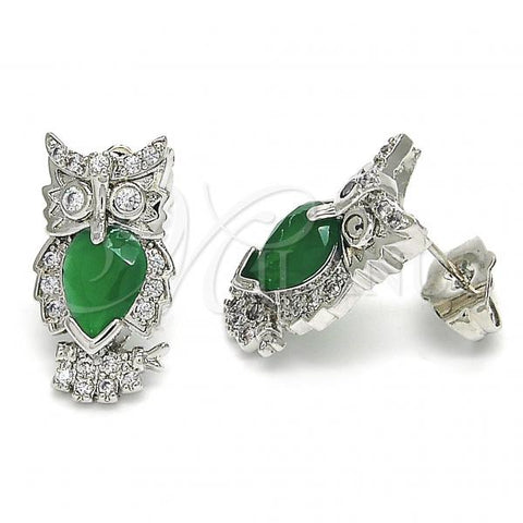 Rhodium Plated Stud Earring, Owl Design, with Green and White Cubic Zirconia, Polished, Rhodium Finish, 02.210.0161.6