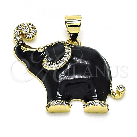 Oro Laminado Fancy Pendant, Gold Filled Style Elephant Design, with White Micro Pave, Black Enamel Finish, Golden Finish, 05.362.0003.5