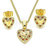 Oro Laminado Earring and Pendant Adult Set, Gold Filled Style Heart Design, with Garnet and White Micro Pave, Polished, Golden Finish, 10.233.0034.8