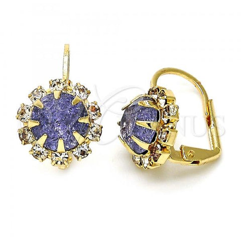 Oro Laminado Leverback Earring, Gold Filled Style Flower Design, with Amethyst and White Crystal, Polished, Golden Finish, 02.122.0086.1