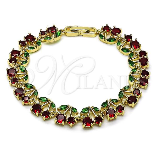 Oro Laminado Tennis Bracelet, Gold Filled Style Cherry Design, with Garnet and Green Cubic Zirconia, Polished, Golden Finish, 03.284.0059.1.08