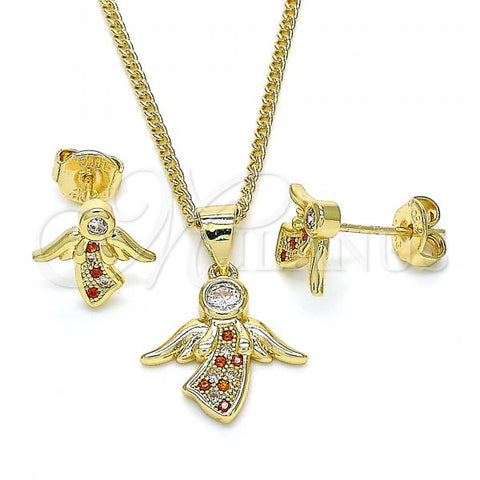 Oro Laminado Earring and Pendant Adult Set, Gold Filled Style Angel Design, with Garnet Micro Pave and White Cubic Zirconia, Polished, Golden Finish, 10.156.0203.1