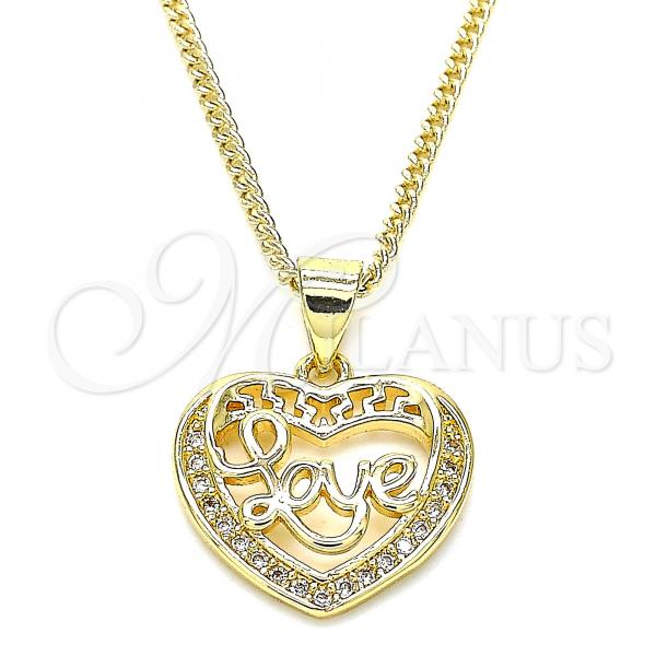 Oro Laminado Pendant Necklace, Gold Filled Style Heart and Love Design, with White Micro Pave, Polished, Golden Finish, 04.156.0350.20