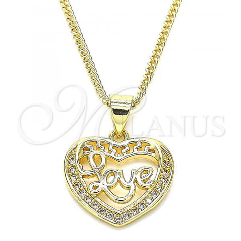 Oro Laminado Pendant Necklace, Gold Filled Style Heart and Love Design, with White Micro Pave, Polished, Golden Finish, 04.156.0350.20