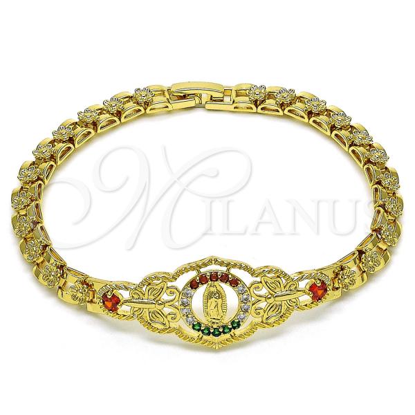 Oro Laminado Fancy Bracelet, Gold Filled Style Guadalupe and Butterfly Design, with Garnet Crystal and Multicolor Cubic Zirconia, Polished, Golden Finish, 03.283.0409.1.07
