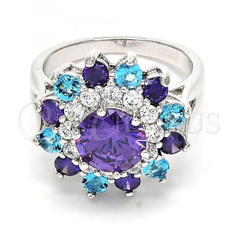 Rhodium Plated Multi Stone Ring, Flower Design, with Multicolor and White Cubic Zirconia, Polished, Rhodium Finish, 01.206.0002.1.08 (Size 8)