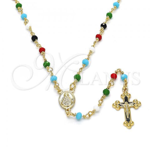 Oro Laminado Thin Rosary, Gold Filled Style Caridad del Cobre and Crucifix Design, with Multicolor Azavache, Polished, Golden Finish, 09.63.0111.18