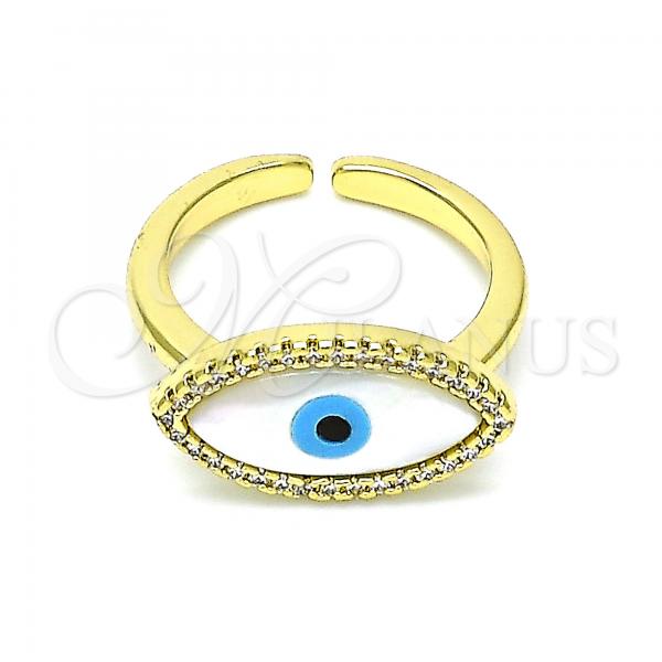 Oro Laminado Multi Stone Ring, Gold Filled Style Evil Eye Design, with Ivory Mother of Pearl and White Micro Pave, Polished, Golden Finish, 01.341.0055