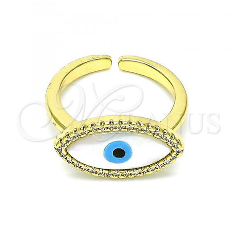 Oro Laminado Multi Stone Ring, Gold Filled Style Evil Eye Design, with Ivory Mother of Pearl and White Micro Pave, Polished, Golden Finish, 01.341.0055