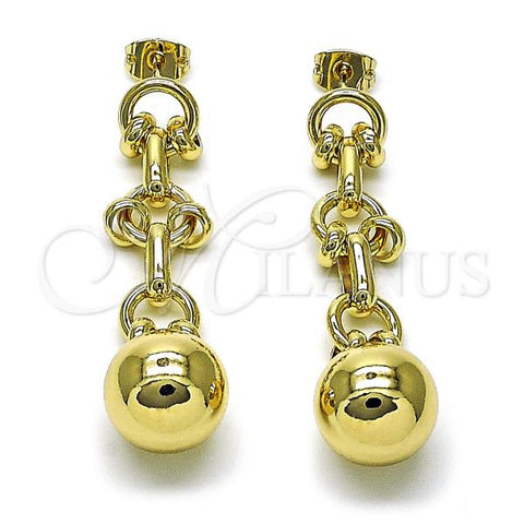 Oro Laminado Long Earring, Gold Filled Style Ball Design, Polished, Golden Finish, 02.213.0685