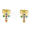 Oro Laminado Stud Earring, Gold Filled Style Cross Design, with Multicolor Micro Pave, Polished, Golden Finish, 02.210.0468.1