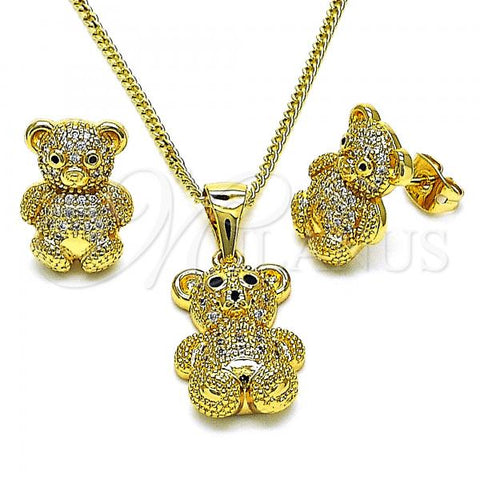 Oro Laminado Earring and Pendant Adult Set, Gold Filled Style Teddy Bear Design, with White and Black Micro Pave, Polished, Golden Finish, 10.342.0111