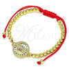Oro Laminado Adjustable Bolo Bracelet, Gold Filled Style Evil Eye and Ball Design, with Ruby Cubic Zirconia and Multicolor Micro Pave, Polished, Golden Finish, 03.381.0001.11