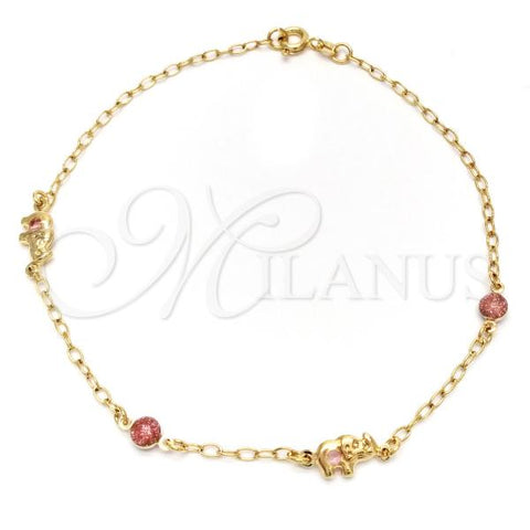 Oro Laminado Fancy Anklet, Gold Filled Style Elephant and Paperclip Design, with Pink Crystal, Polished, Golden Finish, 03.02.0076.10