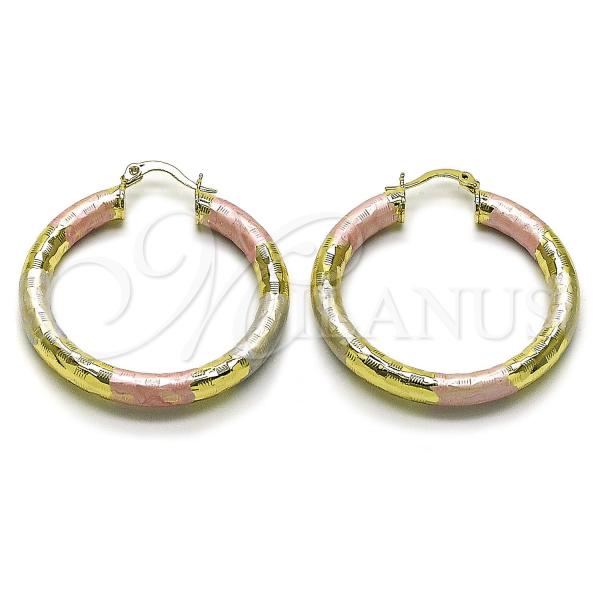 Oro Laminado Medium Hoop, Gold Filled Style Hollow Design, Diamond Cutting Finish, Tricolor, 02.213.0313.1.40