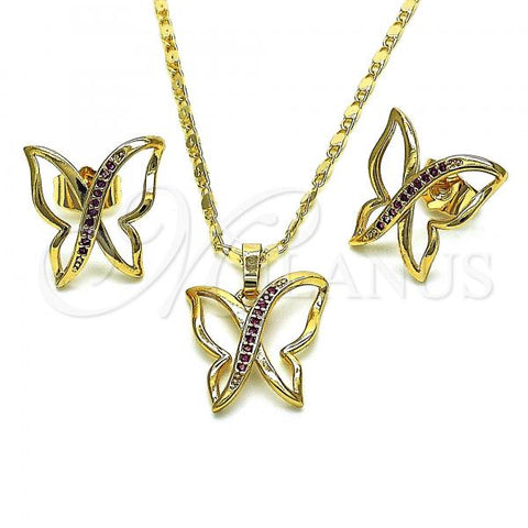 Oro Laminado Earring and Pendant Adult Set, Gold Filled Style Butterfly Design, with Ruby Micro Pave, Polished, Golden Finish, 10.196.0075