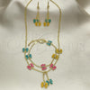 Oro Laminado Earring and Pendant Children Set, Gold Filled Style Butterfly Design, with White Crystal, Multicolor Enamel Finish, Golden Finish, 06.60.0004.4