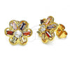 Oro Laminado Stud Earring, Gold Filled Style Flower Design, with Multicolor Cubic Zirconia, Polished, Golden Finish, 02.387.0101