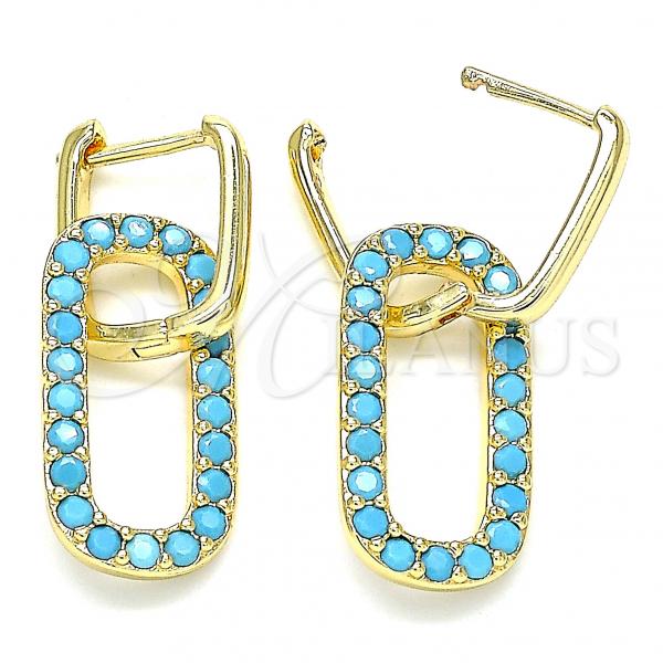 Oro Laminado Huggie Hoop, Gold Filled Style Paperclip Design, with Turquoise Cubic Zirconia, Polished, Golden Finish, 02.210.0471.3.12