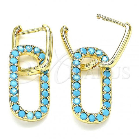 Oro Laminado Huggie Hoop, Gold Filled Style Paperclip Design, with Turquoise Cubic Zirconia, Polished, Golden Finish, 02.210.0471.3.12