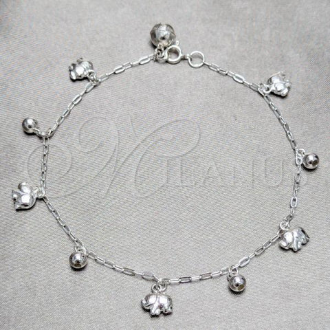 Sterling Silver Fancy Anklet, Elephant and Ball Design, Polished, Silver Finish, 03.409.0145.10