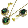 Oro Laminado Earring and Pendant Adult Set, Gold Filled Style with Emerald and Crystal Crystal, Polished, Golden Finish, 10.379.0046.2