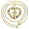 Oro Laminado Pendant Necklace, Gold Filled Style Heart and Butterfly Design, with Multicolor Cubic Zirconia and White Micro Pave, Polished, Golden Finish, 04.253.0019.20