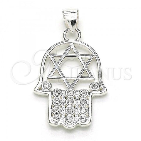 Sterling Silver Fancy Pendant, Hand of God and Star of David Design, with White Cubic Zirconia, Polished,, 05.398.0021