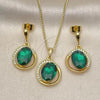 Oro Laminado Earring and Pendant Adult Set, Gold Filled Style with Emerald and Crystal Crystal, Polished, Golden Finish, 10.379.0046.2