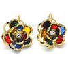 Oro Laminado Leverback Earring, Gold Filled Style Flower Design, with Multicolor Crystal, Polished, Golden Finish, 02.64.0640.5