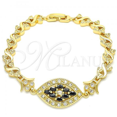 Oro Laminado Fancy Bracelet, Gold Filled Style Heart Design, with Black and White Cubic Zirconia, Polished, Golden Finish, 03.210.0117.08