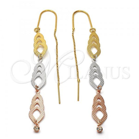 Oro Laminado Threader Earring, Gold Filled Style Leaf Design, Diamond Cutting Finish, Tricolor, 5.095.011