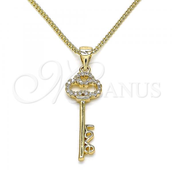 Oro Laminado Pendant Necklace, Gold Filled Style key and Love Design, with White Micro Pave, Polished, Golden Finish, 04.342.0017.20