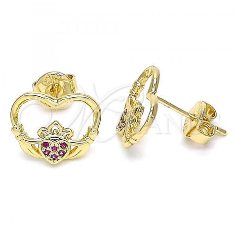 Oro Laminado Stud Earring, Gold Filled Style Heart Design, with Ruby Micro Pave, Polished, Golden Finish, 02.156.0442.1