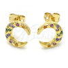 Oro Laminado Stud Earring, Gold Filled Style Moon Design, with Multicolor Cubic Zirconia, Polished, Golden Finish, 02.342.0064