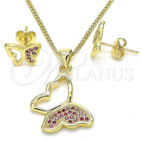 Oro Laminado Earring and Pendant Adult Set, Gold Filled Style Butterfly Design, with Ruby Micro Pave, Polished, Golden Finish, 10.156.0266.1