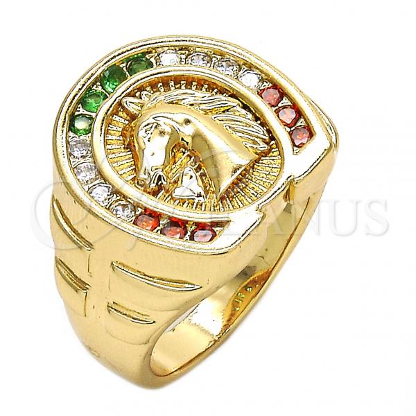 Oro Laminado Mens Ring, Gold Filled Style Horse Design, with Multicolor Cubic Zirconia, Polished, Golden Finish, 01.316.0001.1.11 (Size 11)