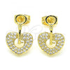 Oro Laminado Stud Earring, Gold Filled Style key and Lock Design, with White Micro Pave, Polished, Golden Finish, 02.156.0400