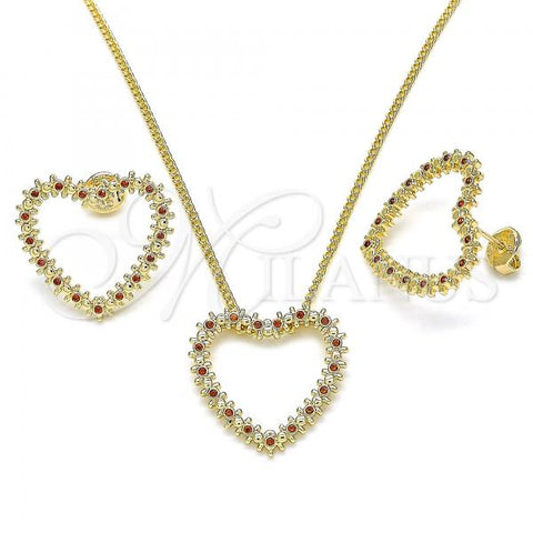 Oro Laminado Earring and Pendant Adult Set, Gold Filled Style Heart Design, with Garnet Micro Pave, Polished, Golden Finish, 10.156.0244.2