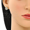 Oro Laminado Stud Earring, Gold Filled Style Flower Design, with White Micro Pave, Polished, Golden Finish, 02.210.0668